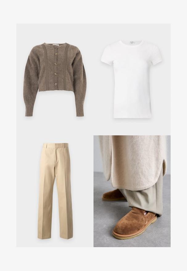 Brown fuzzy cropped cardigan with long sleeves, five tortoiseshell buttons, and vertical knit panel details.; White ribbed short-sleeve T-shirt with a crew neck. The fabric appears smooth with a fitted silhouette. Branding label visible at the collar.; Beige tailored pants with a straight leg design, featuring a smooth texture, central front pleats, and a classic waistband.; Brown suede slip-on shoes with a rounded toe, rubber sole, and side cutout detail, paired with light beige tailored pants.