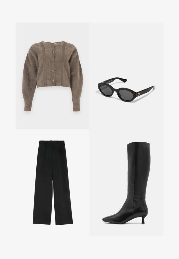 Hnědý chlupatý zkrácený kardigan s dlouhými rukávy, pěti želvovinovými knoflíky a svislými pletenými panely.; Bílá bavlněná tričko s krátkým rukávem a kulatým výstřihem. Má uvolněný střih a minimalistický design bez vzorů nebo akcentů.; Černé kalhoty s širokými nohavicemi a vysokým pasem, s dvojitými předními záhyby, poutky na opasek a hladkým povrchem. Bez kapes a viditelné kovové části.; Zign Vysoká obuv - black; Černé oválné sluneční brýle s tmavými skly a lesklým plastovým rámem. Obsahují zlaté logo na straně, které poskytuje elegantní a moderní design.