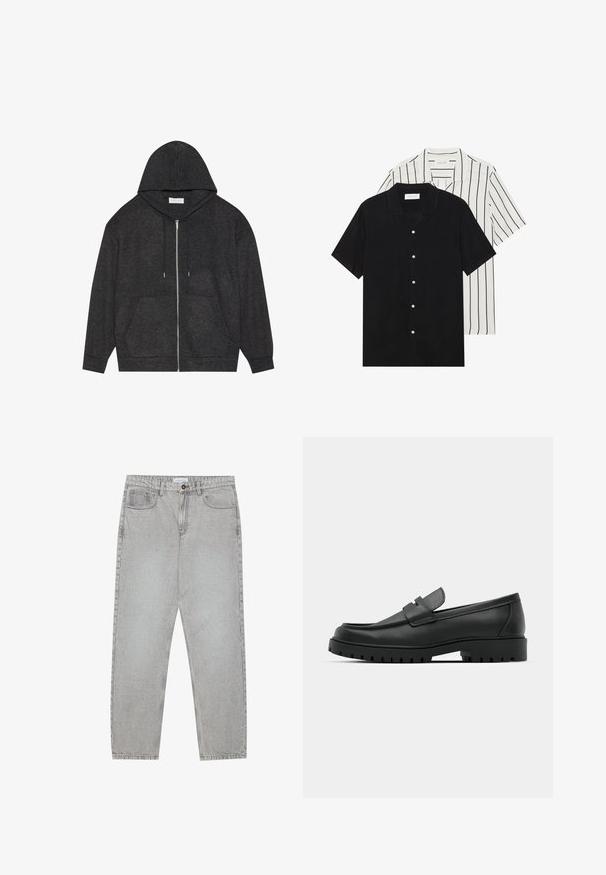 Grafittgrå hettegenser med glidelås, snorhette, ribbestrikket tekstur og frontlommer. Har lange ermer og en ledig passform.; To korte ermer skjorter: en i ensfarget svart, en hvit med svarte vertikale striper. Begge har knappelukkinger og klassisk krage.; Lys grå denimbukser med rett ben-design, fem lommer og knappelukking. Synlig søm langs sømmene.; Sorte lærloafere med rund tå, med en syddesign, lav plattformsåle og en teksturert, ruggede gummisåle.