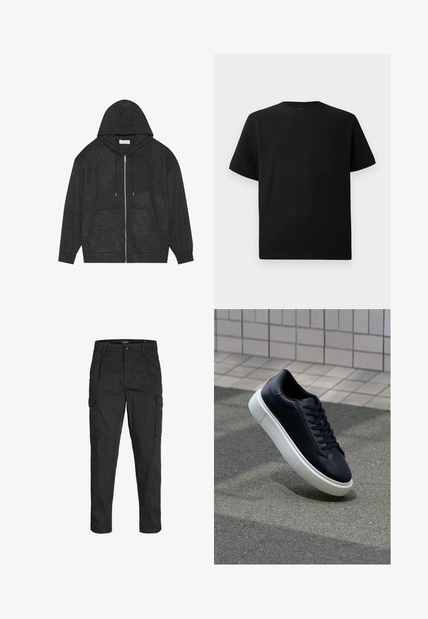 Graphitgrauer Zip-Hoodie mit Kordelzugkapuze, gerippter Struktur und vorderen Taschen. Mit langen Ärmeln und lockerer Passform.; Schwarzes Kurzarm-T-Shirt aus strukturiertem Stoff, mit einem Rundhalsausschnitt und einer lockeren Passform. Einfach, ohne Muster oder Akzente.; Schwarze Cargo-Hose aus robustem Material, mit mehreren Taschen, einem Knopfverschluss und einem Slim-Fit-Design mit schmal zulaufenden Beinen.; Schwarze Leder-Sneaker mit runder Zehenpartie und weißer Gummisohle. Verfügt über flache Schnürsenkel und minimale Nähte im Obermaterial. Strukturiertes Sohlenprofil für besseren Halt.