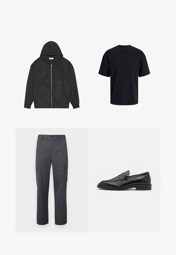 Graphite gray zip-up hoodie with drawstring hood, ribbed texture, and front pockets. Features long sleeves and a relaxed fit.; Black cotton t-shirt with a crew neckline, short sleeves, and a relaxed fit. Smooth texture and no visible patterns or accents.; Charcoal gray cargo pants made of smooth fabric, featuring a straight leg design, two side pockets, and a button closure at the waist.; Black leather loafers with a smooth finish, featuring a rounded toe and a narrow band across the upper. Low stacked heel.