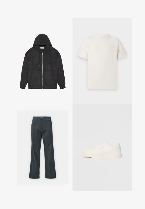 Grafīta pelēks zip-up džemperis ar auklu kapuci, ribotām tekstūrām un priekšējām kabatām. Iezīmes garas piedurknes un brīvo piegriezumu.; Balta krūštura īsām piedurknēm ar ribota auduma faktūru. Apaļš kakla izgriezums, brīvs griezums, bez redzamām rakstām vai akcentiem. Vienkāršs un daudzpusīgs dizains.; Melnas bikses ar taisnu kāju griezumu, izgatavotas no kokvilnas maisījuma auduma. Tām ir metāla pogas aizdare un sānu kabatas. Nav redzamu rakstu.; Baltas slip-on sporta apavi ar teksturētu virsmu, biezu zoli un minimālistisku dizainu. Sānos redzams zīmola logotips.