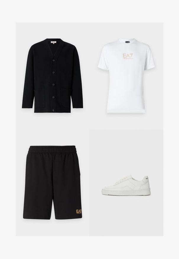 Schwarze Strickjacke mit V-Ausschnitt, vorderem Knopfverschluss und zwei vorderen Taschen. Hergestellt aus strukturiertem Stoff, mit subtilen Nähdetails.; Weißes Baumwoll-T-Shirt mit Rundhalsausschnitt und kurzen Ärmeln, mit einem goldenen EA7 Emporio Armani-Logo auf der Vorderseite.; Schwarze Sportshorts aus weichem Material, mit einem elastischen Bund und einem kleinen gelben EA7-Logo am unteren linken Bein.; Weiße Ledersneaker mit glatter Oberfläche, runder Zehenpartie, flachen Schnürsenkeln und strukturiertem Sohlenprofil. Mit einem dezenten Logo an der Ferse.