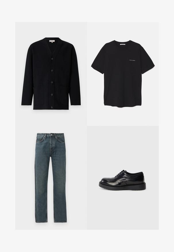Cardigan noir avec un col en V, fermeture à boutons sur le devant et deux poches avant. Fabriqué en tissu texturé, avec de subtils détails de couture.; T-shirt en coton noir avec un col rond, des manches courtes et un logo blanc imprimé sur la poitrine gauche. Design simple, couleur unie.; Jeans en denim bleu foncé avec une coupe droite, dotés de cinq poches, d'une fermeture à bouton et de détails de surpiqûres contrastants.; Chaussure en cuir noir à lacets avec un bout rond, surface lisse et une semelle en caoutchouc épaisse dotée de légers rainurages pour une meilleure adhérence.