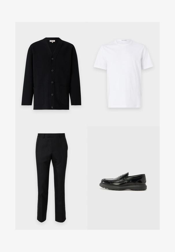 Black cardigan with a V-neck, front button closure, and two front pockets. Made of textured fabric, featuring subtle stitching details.; White cotton t-shirt with a round neckline and short sleeves. Smooth texture, straight cut, and minimalistic design without patterns or accents.; Black tailored pants with a slim fit, featuring side pockets and a smooth texture. The edges are finished with a clean hem.; Black leather loafer with a glossy finish, rounded toe, subtle stitching details, and a thick rubber sole for durability.