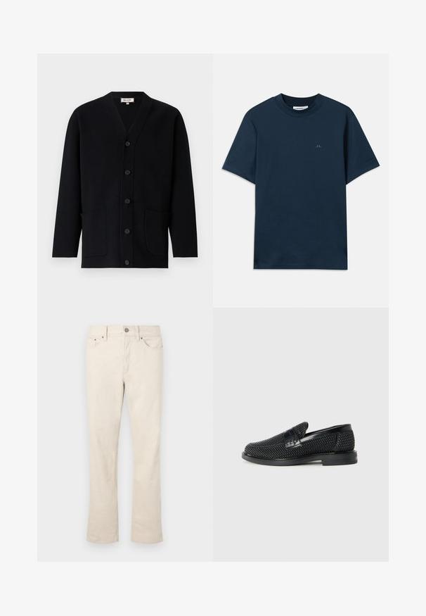 Mustra mustar V-kaelusega must kardigan, millel on ees nuppude sulgemine ja kaks eesmist taskut. Valmistatud tekstureeritud kangast, millel on peened õmbluse detailid.; Tumesinine puuvillane T-särk, ümar kaeluses, lühikeste varrukatega ning rinnaesine on vaikselt logoga. Sile tekstuur ja klassikaline lõige.; Beežid, puuvillasegu teksad sirge jala disainiga. Omab eesmist nööp- ja tõmblukku, viit taskut ja peeneid õmblusdetailid.; Must musta kootud slip-on king, millel on pehme nahast accent ülaserval, ümmargune varvas ja madal profiiliga kummitald.