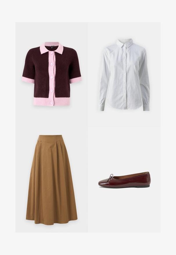 Kratka kardigan s kratkimi rokavi v temno rjavi pleteni tkanini, ki ima svetlo roza ovratnik in zapenjanje na gumb, s kontrastnimi roza robovi in manšeti.; Bela srajca z gumbki, narejena iz gladkega bombaža, s klasičnim ovratnikom, dolgimi rokavi in ukrivljenim robom. Gumbi so majhni in beli.; Rjava bombažna A-linijska krila z visokim pasom, ki vključuje naborke spredaj in gladko teksturo. Robovi so čisti in preprosti.; Burgundska patenti usnjeni baletni čevlji z zaobljenim prstom, majhnim lokom na sprednji strani in nizkim črnim gumijastim podplatom. Gladka tekstura.
