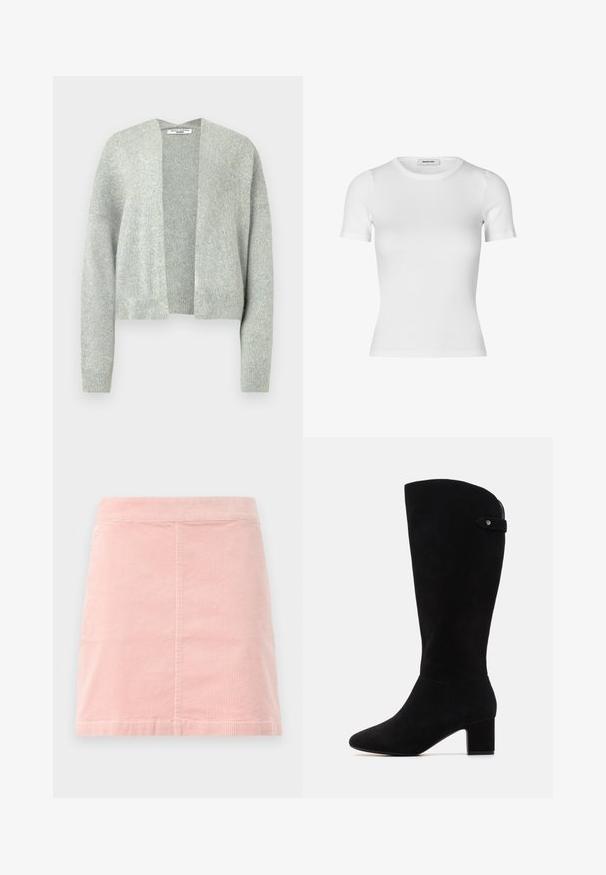 Világosszürke kötött kardigán nyitott elülső résszel, lelógó vállakkal és bordás mandzsettákkal. Puha textúra finom heather mintával.; Fehér, rövid ujjú póló bordás pamutból. Testhezálló fazon, kerek nyakkivágással és sima felülettel. Nincsenek minták vagy díszítések.; Rózsaszín kordbársony mini szoknya, berakott derékkal és függőleges bordázott textúrával. Az alja egyenes, és az egész dizájn egyszerű, díszítések nélkül.; Fekete velúr térd fölé érő csizmák hegyes orral és tömbsarkúval. Simák a tapintásuk és egyszerű a dizájnjuk, oldalsó pánt díszítéssel.