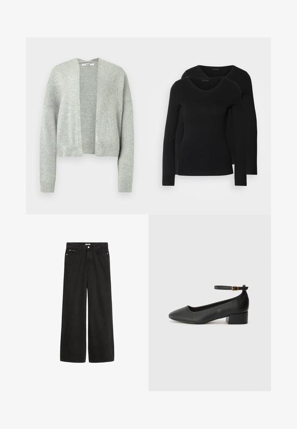 Hellgrauer gestrickter Cardigan mit offenem Vorderteil, überschnittenen Schultern und gerippten Bündchen. Weiche Textur mit einem subtilen Melange-Muster.; Zwei schwarze Langarmshirts mit V-Ausschnitt, aus weichem, dehnbarem Stoff, der eine glatte Textur und eine figurbetonte Passform zeigt.; Schwarz denim Weitbein-Hose mit hoher Taille. Verfügt über fünf Taschen, Metallbeschläge und eine saubere Verarbeitung. Die Textur ist glatt und weich.; Schwarze Lederpumps mit spitzem Zehenbereich und niedrigem Blockabsatz. Mit einem Knöchelriemen und einer goldfarbenen Schnalle. Glatte Textur.