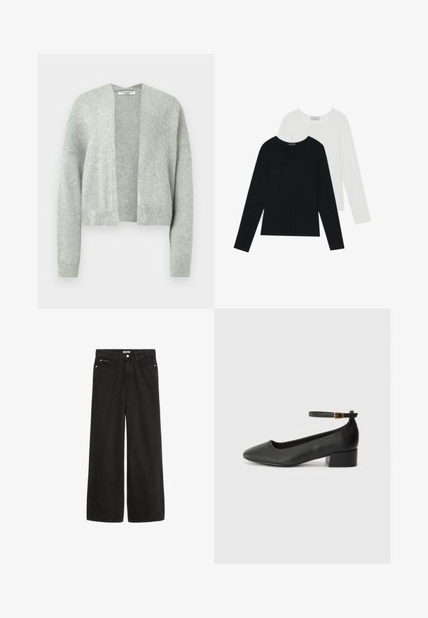 Lys grå strikket cardigan med åpen front, falle skuldre og ribbestrikkede mansjetter. Myk tekstur med et subtilt melert mønster.; To lange ermer t-skjorter, en svart og en hvit, begge med firkantet utringning og laget av mykt, elastisk stoff.; Bredde ben svarte denimjeans med høy midje. Har fem lommer, metallhardware og en ren finish. Teksturen er glatt og myk.; Sorte skinnpumper med spiss tå og lav blokkhelt. Har ankelrem med gullfarget spenne. Glatt tekstur.
