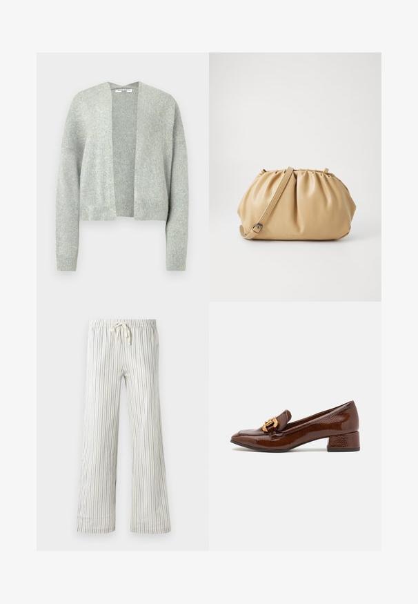 Hellgrauer gestrickter Cardigan mit offenem Vorderteil, überschnittenen Schultern und gerippten Bündchen. Weiche Textur mit einem subtilen Melange-Muster.; Weißes Langarm-Baumwoll-T-Shirt für Frauen mit Rundhalsausschnitt, auf einem schlichten weißen Hintergrund präsentiert.; Weiße Jogginghose mit dünnen vertikalen blauen Streifen und elastischem Bund, frontal auf einem einfarbigen Hintergrund präsentiert.; Braune Lederloafers mit glänzender Oberfläche, ausgestattet mit einer dekorativen goldenen Schnalle an der Vorderseite und einem niedrigen Blockabsatz. Klassisches Design.; Tasch in hellbraunem Leder mit gefälteltem Design, verstellbarem Tragegurt und runder Form. Minimalistische Markenkennzeichnung auf der Vorderfläche.