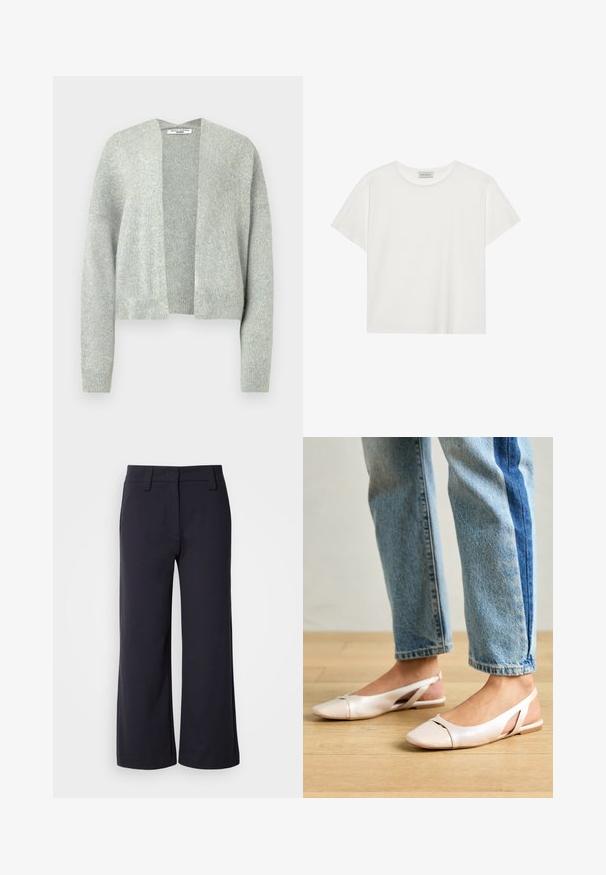 Lys grå strikket cardigan med åpen front, falle skuldre og ribbestrikkede mansjetter. Myk tekstur med et subtilt melert mønster.; Hvit T-skjorte med kort erm laget av myk bomull. Har rund hals og avslappet passform. Rent design uten synlige mønstre eller aksenter.; Vide benbukser i mørk navy-stof. Har flad front, bæltesløjfer og sidelommer. Materialet er glat med en let stræk.; Lys rosa slingback leiligheter med spiss tå, laget av et glatt, læraktig materiale. Har utskjæringer på sidene og lav hæl.