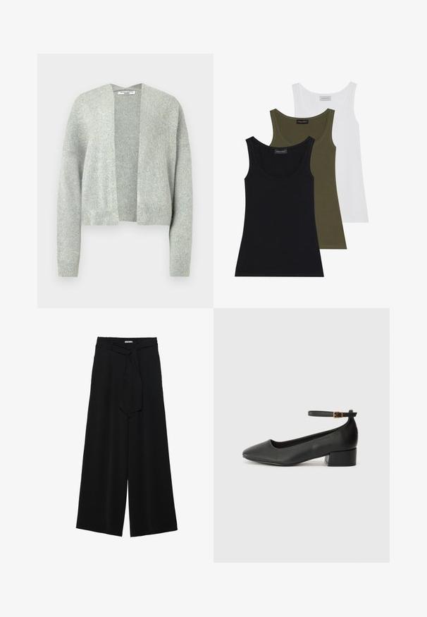 Lichtgrijze gebreide cardigan met een open voorkant, drop schouders en geribde manchetten. Zachte textuur met een subtiele heatherpatroon.; Drie tanktops in zwart, olijfgroen en wit. Zacht stof met een ronde hals, met een eenvoudig ontwerp en zonder versieringen.; Zwarte wijde broek van textuurstof, met een elastische tailleband en een afneembare sjaalstrik in de taille voor een verstelbare pasvorm.; Zwarte leren pump met een spitse neus en een lage blokhak. Beschikt over een enkelband met een goudkleurige gespsluiting. Gladde textuur.
