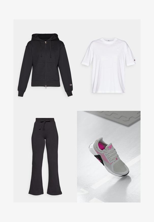 Čierna mikina so zipsom vyrobená z mäkkej tkaniny, s prednou vreckom, kapucňou na šnúrku, rebrovanými manžetami a malým logom na ľavej hrudi.; Biela bavlnená tričko s okrúhlym výstrihom, krátkymi rukávmi a malým logom na ľavej hrudi. Má uvoľnený strih a jednofarebný dizajn.; Čierne rozšírené tepláky vyrobené z mäkkej látky, s opaskom na šnúrku a hladkou textúrou. Navrhnuté pre pohodlie a jednoduché nosenie.; Šedé a ružové športové tenisky Reebok s priedušnou vrchnou časťou a detailnou podrážkou, vystavené na lesklom bielom povrchu.
