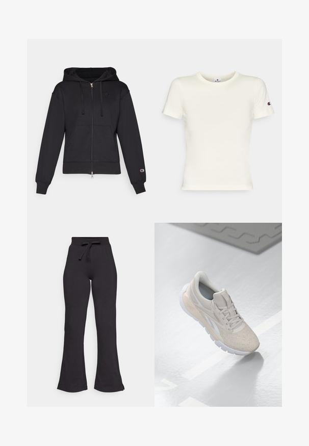 Black zip-up hoodie made of soft fabric, featuring a front pocket, drawstring hood, ribbed cuffs, and a small logo on the left chest.; Cream short-sleeve t-shirt made of cotton, featuring a round neck and embroidered logo on the left sleeve. Smooth texture, classic fit.; Black flared sweatpants made of soft fabric, featuring a drawstring waistband and smooth texture. Designed for comfort and ease of wear.; Light beige athletic shoe with a perforated upper, textured accents, padded collar, and white rubber sole, designed for comfort and breathability.