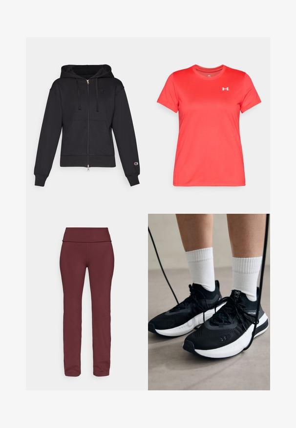 Czarna bluza z kapturem na zamek, wykonana z miękkiego materiału, z przodem kieszeni, kapturem ze sznurkiem, ściągaczami przy mankietach oraz małym logo po lewej stronie klatki piersiowej.; Koszulka sportowa krótki rękaw w jaskrawym czerwonym kolorze, wykonana z gładkiego syntetycznego materiału. Posiada małe białe logo na górnej lewej części klatki piersiowej.; Burgundowe legginsy z szerokim, złożonym pasem, zwężającymi się nogawkami i gładkim, elastycznym materiałem nadającym się do odzieży sportowej.; Czarne buty sportowe z teksturowanym materiałem, białą podeszwą i czarnymi sznurowadłami. Nosi je osoba w białych skarpetkach w prążki, stojąca na jasnej powierzchni.