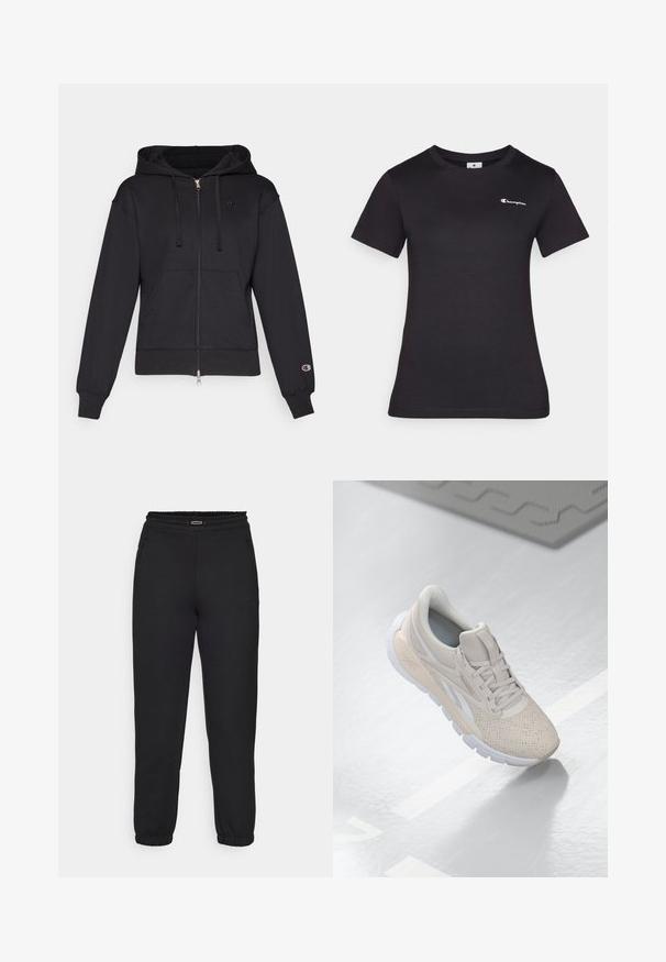 Schwarze Zip-Hoodie aus weichem Material, mit einer Vorderseite Tasche, Kapuze mit Kordelzug, gerippten Bündchen und einem kleinen Logo auf der linken Brust.; Schwarzes T-Shirt mit kurzen Ärmeln aus Baumwolle, mit einem kleinen gestickten Logo auf der Brust. Klassisches Rundhalsdesign mit weicher Textur.; Champion C-TECH CUFFED PANTS INTERLOCK - Jogginghose - black; Hellbeige Sportschuh mit einem perforierten Obermaterial, strukturierten Akzenten, gepolstertem Schaftrand und weißer Gummisohle, entworfen für Komfort und Atmungsaktivität.