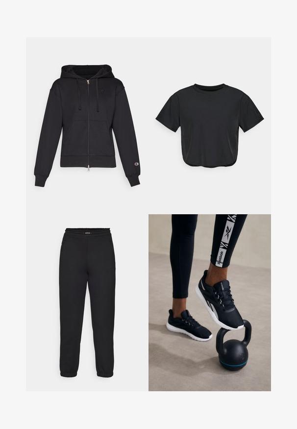 Black zip-up hoodie made of soft fabric, featuring a front pocket, drawstring hood, ribbed cuffs, and a small logo on the left chest.; Black cropped t-shirt made of soft material, featuring a round neckline, short sleeves, and a relaxed fit. Subtle stitching details.; Champion C-TECH CUFFED PANTS INTERLOCK - Tracksuit bottoms - black; Black athletic shoes with a textured upper, white sole, and gray accents, positioned on a black kettlebell with a blue stripe, against a neutral background.