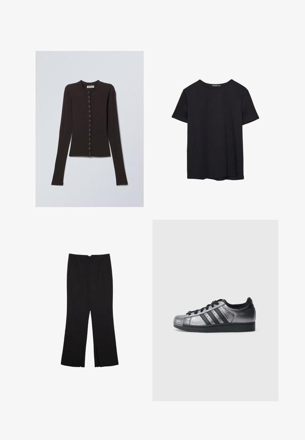Zwarte lange mouwen cardigan van een zachte stof, met een ronde halslijn en een sluiting met knopen aan de voorkant met metalen knopen.; Effen kortemouwen zwarte katoenen T-shirt met ronde hals, weergegeven op een witte achtergrond.; Zwarte broek met een rechte pasvorm, voorzien van zijzakken en plooien aan de onderzijde. Gemaakt van zachte, gladde stof. Geschikt voor verschillende gelegenheden.; Zwarte en metallic zilveren sneakers met een ronde neus, drie zwarte strepen en een gestructureerd bovenwerk. Zwarte veters en een rubberen zool.