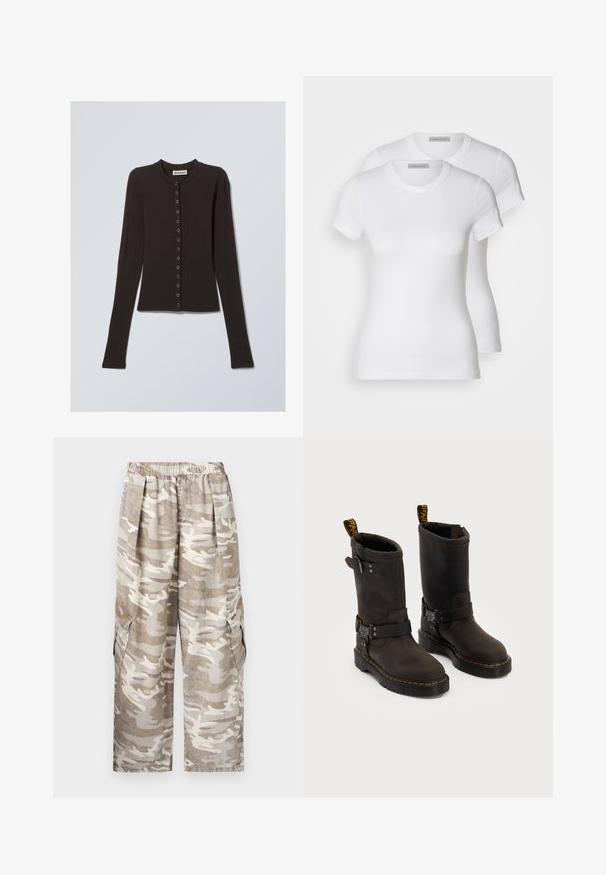 Cardigan noir à manches longues en tissu doux, avec un col rond et une fermeture à boutons à l'avant avec des boutons en métal.; Deux t-shirts en coton blanc à manches courtes, à encolure ronde et à coupe ajustée, présentant une texture lisse et un design minimaliste.; Pantalons cargo en camouflage beige et blanc cassé. Dotés d'une taille élastique, de jambes larges, de deux poches cargo latérales et d'un tissu texturé.; Bottes en cuir marron foncé au design mi-mollet, avec des coutures jaunes, des sangles à boucle réglables et des tirettes en haut. Fini texturé.