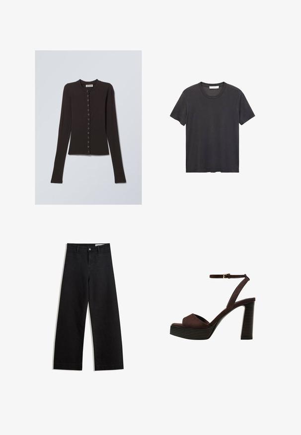 Cardigan lungo nero a maniche lunghe in un tessuto morbido, con collo tondo e chiusura frontale con bottoni metallici.; T-shirt nera a girocollo realizzata in cotone morbido. Maniche corte, vestibilità rilassata e orlo dritto senza decorazioni né motivi.; Pantaloni in denim neri a gamba larga con vita alta, dotati di tasche anteriori e posteriori, cuciture a punto, e chiusura con bottone. Texture liscia.; Sandal in camoscio marrone con tacco alto, punta aperta, cinturino alla caviglia regolabile e suola a piattaforma striata.
