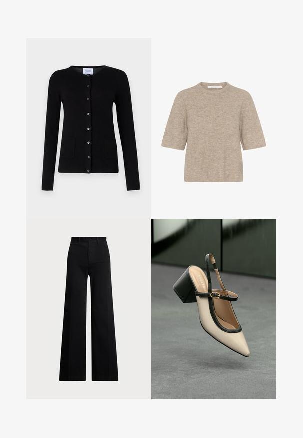 Sort cashmere cardigan med lange ærmer, rund halsudskæring, frontknaplukning og to forlommer. Glat tekstur, minimalistisk design.; Beige kortærmet sweater lavet af blødt strikstof med en rund halsudskæring og en afslappet pasform. Teksturen er en smule fuzzy.; Sorte vide bukser lavet af vævet stof, med høj talje, frontlukning med knap og sidelommer. Glat tekstur med rene linjer.; Beige spids tå slingback sko med sort kant, guld spænde og en chunky blokhæl på grå gulv med mørkegrøn baggrund.