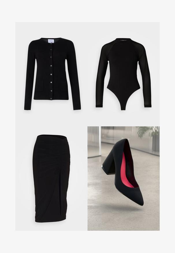 Zwarte kasjmieren cardigan met lange mouwen, ronde halslijn, sluiting met knopen aan de voorkant en twee zakken aan de voorkant. Glad textuur, minimalistisch ontwerp.; Zwart langemouwen bodysuit met hoge hals, met een ondoorzichtige stof op het lichaam en transparante mouwtjes, ontworpen in een fitted model.; Zwarte, gerimpelde kokerrok met strikdetail en een zijsplit. Gemaakt van een rekbaar stof, met een soepele textuur en een aansluitend ontwerp.; Zwarte hoge hak met een spitse neus, textuur op het oppervlak en een opvallend roze interieur. Beschikt over een chunky hak met zilveren accent.