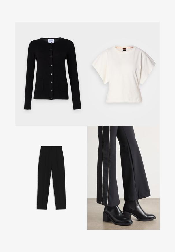 Cardigan en cachemire noir avec des manches longues, un col rond, une fermeture à boutons sur le devant et deux poches avant. Texture lisse, design minimal.; T-shirt blanc cintré, manches courtes et larges, en coton doux, décolleté rond avec une discrète bordure orange, design minimaliste, sans motifs ni graphiques.; Pantalon noir à coupe droite, avec des plis doubles, une texture lisse et un design de taille classique. Pas de matériel ou d'accents visibles.; Bottines en cuir Noir avec un talon bloc, dotées de panneaux élastiques sur les côtés. Associées à un pantalon noir avec une rayure blanche sur le côté.