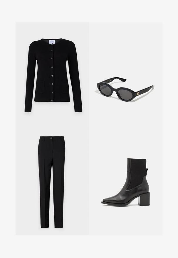 Schwarze Kaschmircardigan mit langen Ärmeln, rundem Ausschnitt, vorderer Knopfleiste und zwei Fronttaschen. Glatte Textur, minimalistisches Design.; Langärmliges Oberteil mit Leopardenmuster und hohem Kragen, aus elastischem Stoff gefertigt. Hat einen beigefarbenen Grundton mit braunen Flecken. Glatte Textur, figurbetontes Design.; Schwarze, maßgeschneiderte Hose mit geradem Bein, ausgestattet mit einem Knopfverschluss und Gürtelschlaufen, aus glattem Stoff gefertigt.; Schwarze Stiefelette mit spitzem Schuhschnitt, aus glattem Leder und elastischem Stoff gefertigt. Mit Blockabsatz und minimalistischem Design.; Schwarze ovale Sonnenbrille mit dunklen Gläsern und glänzendem Kunststoffrahmen. Mit goldenem Logo am Bügel, das ein elegantes und modernes Design bietet.