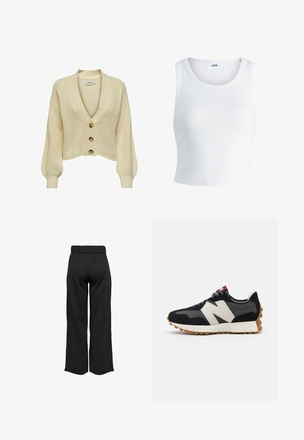 ONLY Vest - oatmeal; Witte geribbelde tanktop met een ronde hals, zonder mouwen en een cropped lengte. Label draagt "JJXX." Gladde stoftextuur.; Zwarte, wijde broek met een elastische tailleband, gemaakt van gladde stof. Heeft een strakke uitstraling zonder zakken of zichtbare stikseldetails.; Zwarte en grijze suède sneaker met een groot crèmekleurig "N"-logo, paarse veters en een gestructureerde rubberen zool van gum.