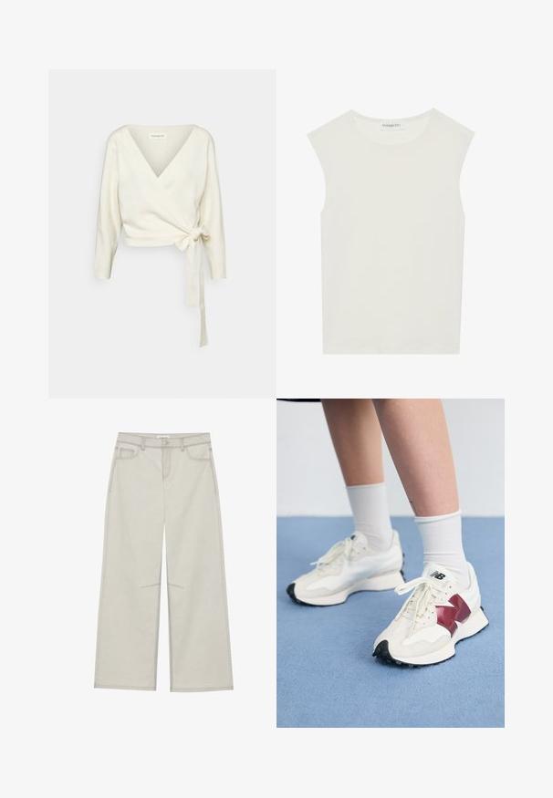 Vit, omslagstopp-tröja i mjukt, strukturerat tyg. Har en djup V-ringning och långa ärmar med en knytdetalj vid midjan.; Vit ärmlös topp med rund halsringning. Tillverkad av ett mjukt tyg, har den en avslappnad passform och minimalistisk design. Inga mönster eller detaljer.; Ljust grå vida byxor med fem fickor, framknapprad och kontrasterande sömmar längs kanterna. Tyget verkar mjukt och hållbart.; Ett par vita sneakers med vinröda detaljer, texturerade paneler, platt svart sula och ljusa snören, bärs med vita ankelsockor.