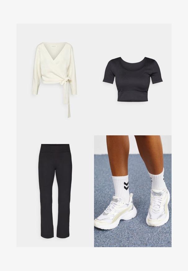 Pulover alb, de tip înfășurat, realizat dintr-un material moale și texturat. Are un decolteu adânc în V și mâneci lungi cu un detaliu legat la talie.; Top crogat negru cu nervuri, cu mâneci scurte, guler larg rotund și o bandă ajustată la baza acestuia. Textură moale, design casual.; Leggings negre dintr-un material neted și elastic, cu o talie largă. Au picioare drepte, de lungime completă și nu au modele sau accente vizibile.; Adidași albi cu accente argintii, din material tip plasă, și un design masiv. Împerecheați cu șosete albe cu modele în zigzag negre.