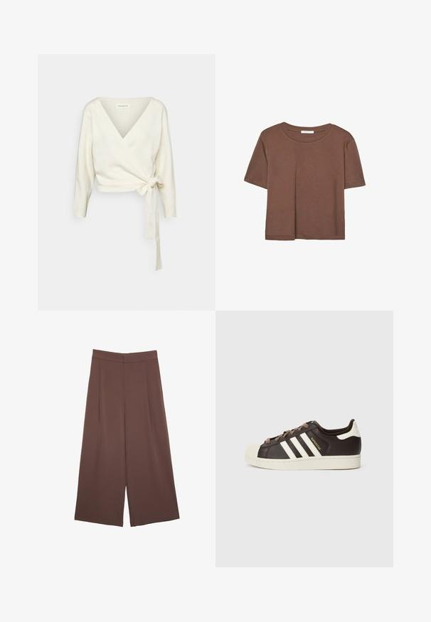 Hvid, omslags-sweater lavet af blødt, struktureret stof. Har en dyb V-hals og lange ærmer med en bindebåndsdetalje i taljen.; Brun kortærmet t-shirt lavet af blødt stof, med rund halsudskæring og afslappet pasform. Ingen synlige mønstre eller detaljer.; Brune bredbunde bukser med en glat tekstur, der har høj talje og plisseringer foran. Stoffet er let og falder løst.; Low-top Adidas Superstar-sneaker i mørkebrunt læder med cremefarvet skal-tå, hvide striber og teksten "Superstar" på siden.