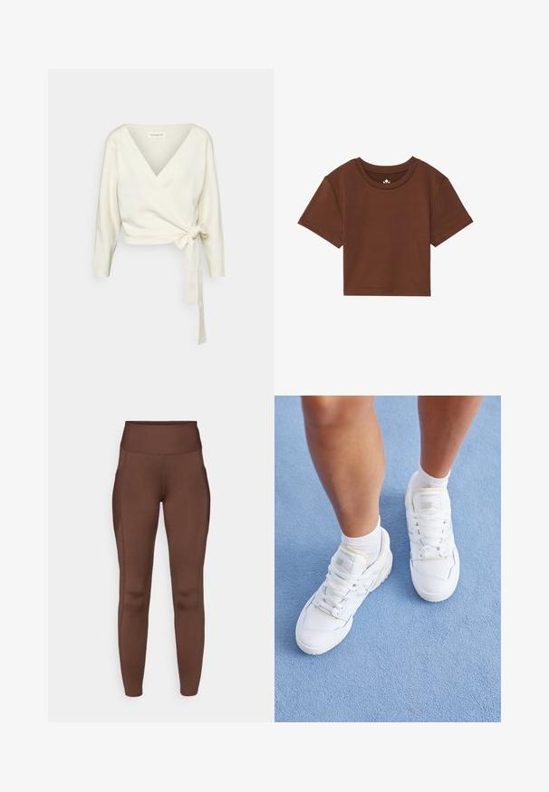 Maglione bianco avvolgente realizzato in un morbido tessuto testurizzato. Presenta un profondo scollo a V e maniche lunghe con un dettaglio a fiocco in vita.; T-shirt corta marrone con scollo rotondo, maniche corte e una texture di tessuto liscia. Presenta un marchio minimale sul collo.; Leggings marroni elasticizzati con vita alta, dotati di tasche laterali e texture liscia. Il dettaglio delle cuciture valorizza la forma.; Gambe che indossano sneakers bianche New Balance e calze bianche, in piedi su un pavimento texturizzato di azzurro chiaro.