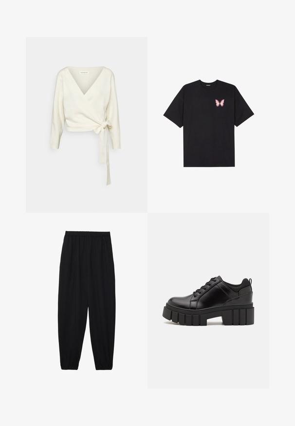 Bílý svetr ve stylu zabalování vyrobený z měkké texturované tkaniny. Má hluboký výstřih do V a dlouhé rukávy s detailem vázání v pase.; Černé bavlněné tričko s krátkým rukávem, na levém prsou s malou grafikou růžové motýlky. Design s kruhovým výstřihem a volným střihem.; Černé, lehké kalhoty s elastickým pasem a nařasenými kotníky. Tkanina je hladká a má uvolněný, zúžený design.; Černé kožené platformové boty s masivním blokovým podpatkem, kulatou špičkou a tradičním šněrováním. Mají hladký povrch a minimální detaily.