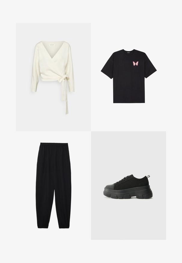 White, wrap-style sweater made of soft, textured fabric. Features a deep V-neck and long sleeves with a tie detail at the waist.; Black cotton t-shirt with short sleeves, featuring a small pink butterfly graphic on the left chest. Crew neck design with a relaxed fit.; Black, lightweight pants with an elastic waistband and gathered ankles. The fabric is smooth and features a relaxed, tapered design.; Black sneakers with a chunky rubber sole, textured fabric upper, round toe, and lace-up design. Features reinforced eyelets and back pull tab.