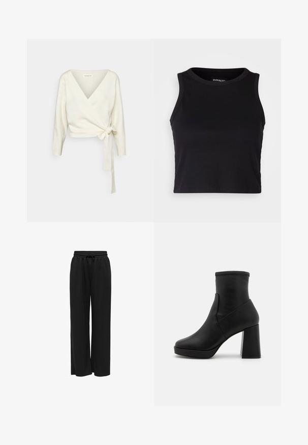 Valkoinen, kietaisumallinen villapaita, joka on valmistettu pehmeästä ja erityisellä pinnalla varustetusta kankaasta. Se sisältää syvän V-pääntien ja pitkät hihat, joissa on solmittava yksityiskohta vyötäröllä.; Musta ribattava lyhythihainen toppi pyöreällä pääntiellä ja hihattomalla muotoilulla. Valmistettu pehmeästä, joustavasta kankaasta, jossa on siistit reunapainatukset.; Mustat leveät housut pehmeästä kankaasta, joissa on joustava vyötärönauha ja kiristysnauha säädettävää istuvuutta varten. Ei kuvioita tai yksityiskohtia.; Musta nahkasaapas nilkkapituisella varrella, jossa on korkea lohkarekenkä, sileä pinta ja tiukka yläosa. Ominaisuuksiin kuuluu saumattomasti suunniteltu rakenne ilman näkyviä kiinnittimiä.