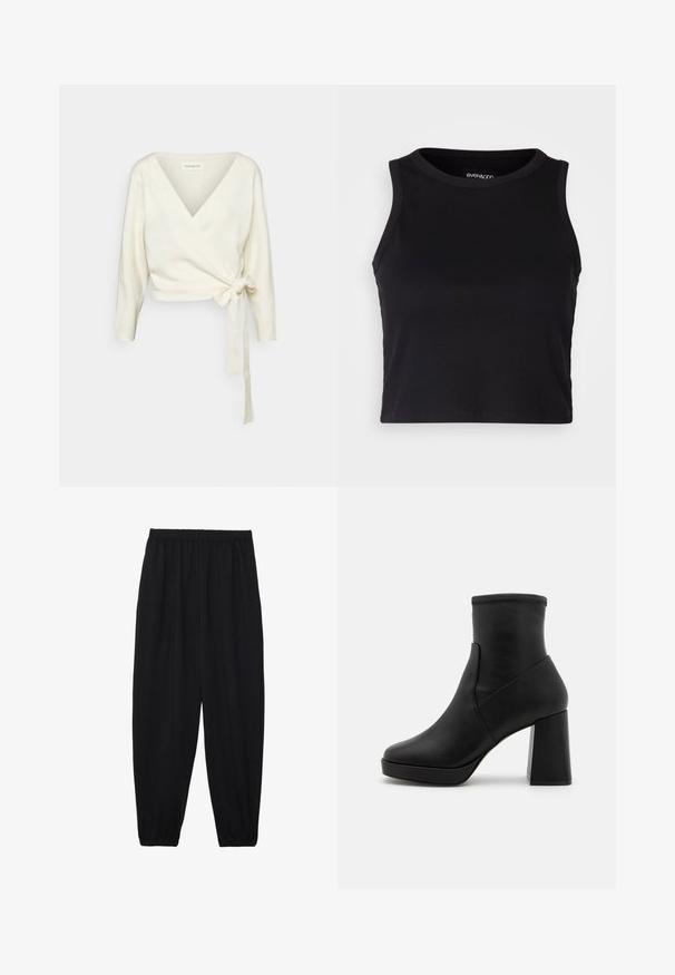 Bílý svetr ve stylu zabalování vyrobený z měkké texturované tkaniny. Má hluboký výstřih do V a dlouhé rukávy s detailem vázání v pase.; Černý žebrovaný krátký top bez rukávů s kulatým výstřihem. Vyrobeno z měkké a elastické látky, s čistými zakončenými lemy.; Černé, lehké kalhoty s elastickým pasem a nařasenými kotníky. Tkanina je hladká a má uvolněný, zúžený design.; Černá kožená kotníková bota s vysokým blokovým podpatkem, hladkou texturou a přiléhavým svrškem. Má bezproblémový design bez viditelných zapínání.