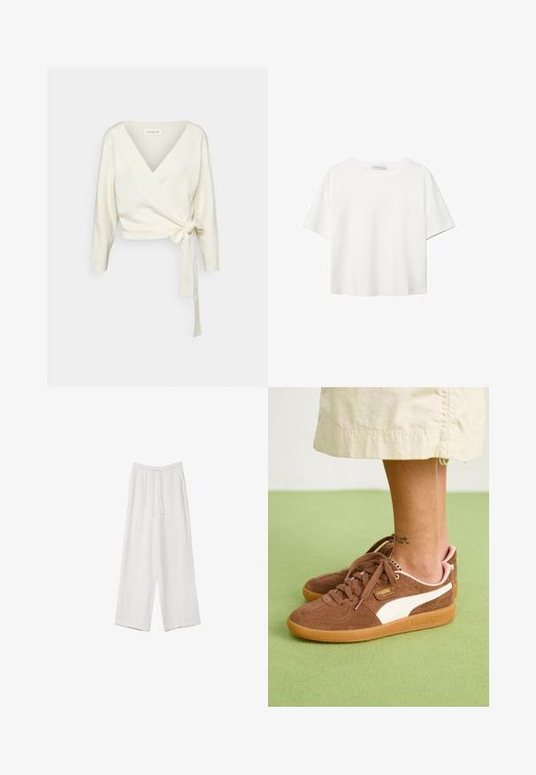 Biały sweter w stylu kopertowym, wykonany z miękkiego, teksturowanego materiału. Posiada głęboki dekolt w serek oraz długie rękawy z wiązaniem w talii.; Biała koszulka z krótkim rękawem, wykonana z bawełny. Posiada okrągły dekolt i luźny krój. Gładka faktura bez widocznych wzorów czy akcentów.; Białe spodnie o szerokich nogawkach wykonane z lekkiego materiału. Posiadają elastyczny pas z sznurkiem i boczne kieszenie. Gładka tekstura.; Brązowe zamszowe sneakersy z białymi akcentami, gumową podeszwą i różowym obcasem. Widoczne sznurówki i detal z logo. Częściowo widoczny tatuaż na kostce.