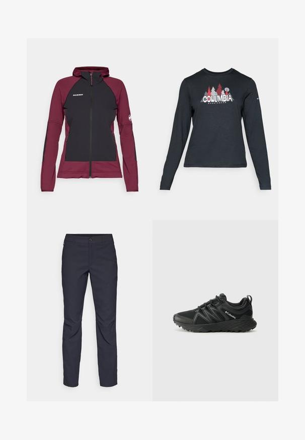 Chaqueta con capucha en burdeos y negro, con cierre de cremallera frontal, diseño ajustado, paneles contrastantes y detalle del logo en el pecho y la manga.; Camisa de manga larga gris oscuro con un gráfico de árboles rojos y montañas; logo "COLUMBIA" en texto blanco en negrita. Tela suave, cuello redondo estándar.; Pantalones azul marino de tela suave, que presentan un cierre delantero con botón, un diseño ajustado y detalles con pliegues en las rodillas.; Columbia PEAKFREAK - Zapatillas de senderismo - black