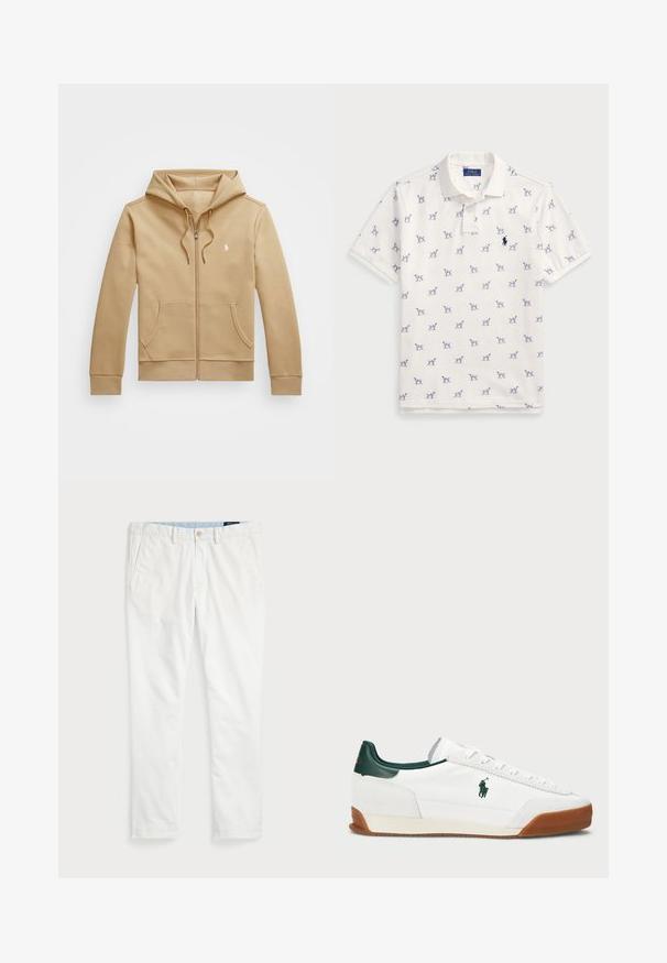 Bež zadrgo zaprtu jopico s slojevitim kapuco in vrvicami, sprednjimi žepi, rebrastimi manšetami in majhnim belim logotipom na prsih. Gladka tekstura.; Bela polo majica iz bombaža, ki vsebuje ponovljen modri vzorec psov in majhen modri logotip na prsih. Kratki rokavi in ovratnik.; Beli chinos iz bombaža, z ravnim sprednjim delom, z zanko za pas, dvema stranskima žepoma in enim zadnjim žepom. Gladka tekstura z ravno nogavico.; Beli športni copat z zelenimi usnjenimi detajli in svetlo rjavim gumijastim podplatom. Ima tekstilno telo in izstopajoče logo na strani. Zavezovanje.