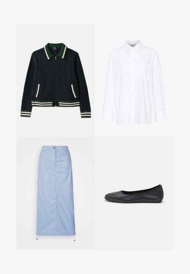 Sötétzöld cipzáros kabát rücskös gallérral, fehér és zöld csíkkal a galléron és az ujjakon, valamint két oldalsó zsebbel.; Fehér, hosszú ujjú, galléros ing, amely pamutból készült. Gombos elülső része és egyetlen mellzsebe van. Simított textúra, laza szabás.; Világoskék, közepes hosszúságú, sima, könnyű anyagból készült szoknya, egyenes szabással, elülső gombos zárással és húzózsinórral rendelkezik az alsó szegélyén.; Fekete bőr balettcipő lekerekített orral, sima tekstúrával, minimális varrással és rugalmas talp kialakítással.