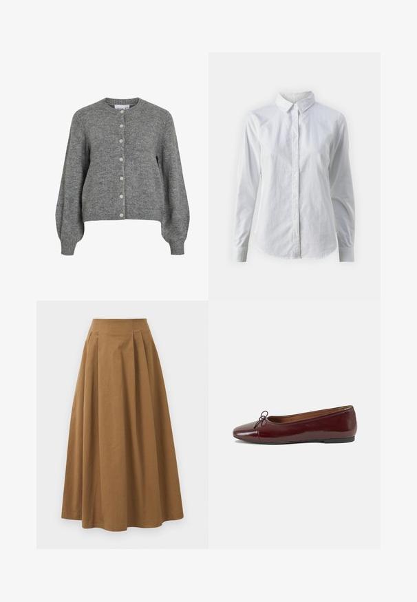 Pilkas megztas kardiganas su apvaliu kaklu, ilgomis pūstomis rankovėmis, su raukšlėtomis rankogaliais ir apatine dalimi, priekinio mygtuko uždarymu su septyniais baltais mygtukais.; Balta marškinėliai su mygtukais, pagaminti iš lygios medvilnės, su klasikiniais apykaklės, ilgomis rankovėmis ir lenktu kraštu. Mygtukai maži ir balti.; Ruda medvilninė A formos sijonas su aukštu liemeniu, puikuojantis klostėmis priekyje ir lygia tekstūra. Apdailos kraštai yra švarūs ir paprasti.; Bordo lakiotos odos baleto bateliai su apvalia nosimi, maža kaspinėlio akcentu priekyje ir žema juoda guma padanga. Lygi tekstūra.