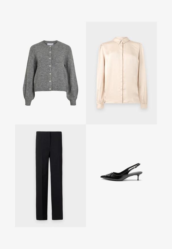 Cardigan grigio lavorato a maglia con colletto rotondo, maniche lunghe a sbuffo, polsini e orlo a costine, chiusura anteriore con sette bottoni bianchi.; Camicia a maniche lunghe in satin beige con colletto button-down, pattina frontale e maniche a sbuffo raggruppate sui polsini. Texture liscia e lucida.; Pantaloni neri su misura con taglio dritto, caratterizzati da una texture liscia e senza motivi visibili. Vita standard e finitura pulita.; Tacchi slingback in pelle nera con punta affusolata, piccolo tacco kitten e un dettaglio a nodo decorativo sulla parte anteriore. Texture liscia su tutta la superficie.
