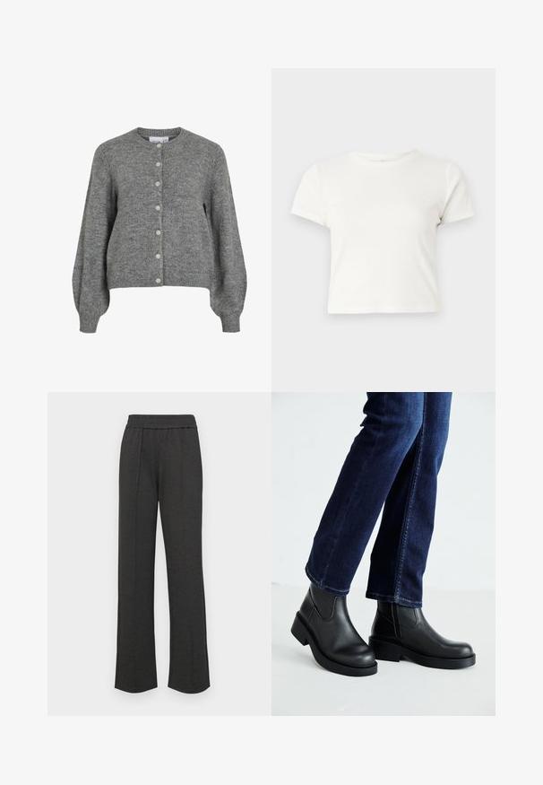 Pilkas megztas kardiganas su apvaliu kaklu, ilgomis pūstomis rankovėmis, su raukšlėtomis rankogaliais ir apatine dalimi, priekinio mygtuko uždarymu su septyniais baltais mygtukais.; Trumpa balta medvilnės marškinėliai su trumpomis rankovėmis, apvaliu kaklu ir tiesiu hemu, pasižyminti lygiu tekstūriu ir minimaliu dizainu.; Juodos tiesios kojos kelnės su elastine juosta, priekiniais raukiniais, minkšta medžiaga ir be matomų raštų ar aparatinės įrangos detalių.; Juoda odinė kulkšninių botų su storu padu ir šoninėmis elastinėmis detalėmis, derinama su tamsiai mėlynomis džinsais. Žemė šviesios spalvos.