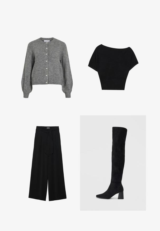Grey knitted cardigan with round neck, long puffed sleeves, ribbed cuffs and hem, front button closure with seven white buttons.; Anna Field Print T-shirt - black; Black wide-leg pants featuring a textured fabric, an elastic waistband, and a detachable sash tie at the waist for adjustable fit.; Black suede knee-high boot with block heel, pointed toe, and smooth, seamless design on a plain light background.