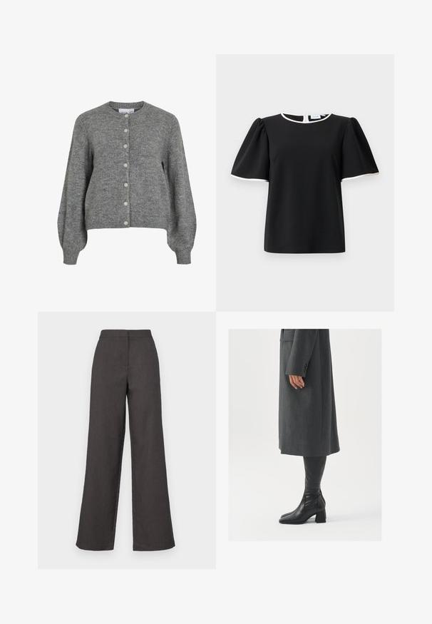 Grey knitted cardigan with round neck, long puffed sleeves, ribbed cuffs and hem, front button closure with seven white buttons.; Black short-sleeve blouse with puffed sleeves and white trim on neckline and sleeve edges, featuring a back button closure.; Wide-leg trousers in dark gray fabric, featuring a high waist and smooth finish. Clean lines with no visible patterns or embellishments.; Gray, tailored overcoat with a straight cut; paired with knee-high black leather boots featuring a square toe and chunky heel.