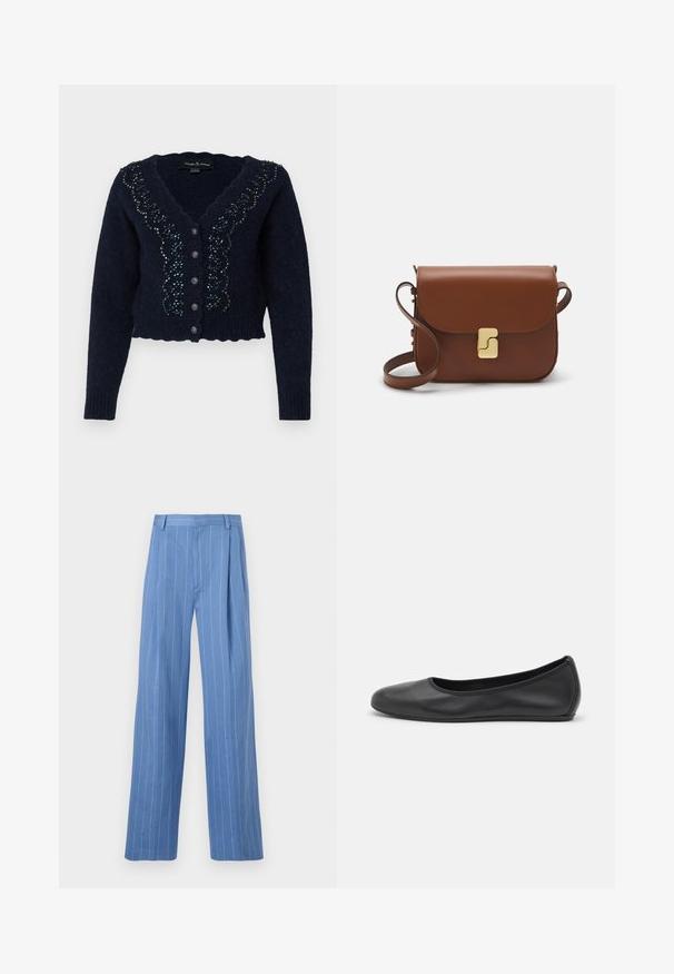 Marineblå cropped cardigan lavet af tekstureret strik, med en bølget udskæring, pyntede knapper og dekorativ perlebehandling langs fronten.; Hvid kortærmet t-shirt lavet af ribbet stof. Rund halsudskæring, almindelig pasform og subtile syninger. Ingen mønstre eller grafik.; Lysblå bukser med brede ben og lodrette hvide striber. Fremstillet af glat materiale, med en frontplissé og et rent design af taljebåndet.; Sort læderballetsko med rund tå, glat tekstur, minimal syning og et fleksibelt såldesign.; Brun læder håndtaske med flaplukning, hardware i gyldent tone, en skulderrem og en glat overflade. Kompakt rektangulær form.