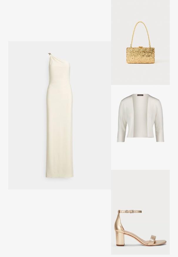 Fehér bordás kardigán, széles nyitott elülső résszel, háromnegyedes ujjal és puha tapintással. Címke látható a nyakrészén.; Testhez simuló, egyrészes, vajszínű ruha. Redőzött felsőrész enyhe fényű anyagból, vállon díszítő fémrészlettel. Hosszú, földig érő fazon.; Lauren Ralph Lauren LOGAN METALLIC NAPPA LEATHER SANDAL - Szandálok - platinum; Arany flitteres clutch táska, téglalap alakú, csavart lánckarabinerekkel és fém záródással, mely fényt tükröz a textúrált felületének köszönhetően.