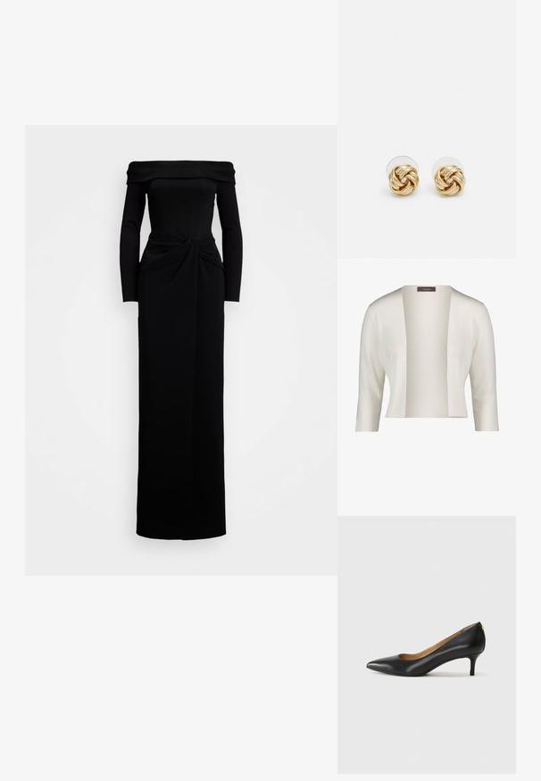 Weißer gerippter Cardigan mit weitem offenen Vorderteil, Dreiviertelärmeln und weicher Textur. Etikett am Ausschnitt sichtbar.; Schwarzes, schulterfreies Langarmkleid mit einem verdrehten Knoten-Detail an der Taille und einer geraden Rocksilhouette.; Schwarzer Lederpumps mit spitzem Zehenbereich, niedrigem Absatz und glatter Textur. Verfügt über eine leichte Öffnung an der Vorderseite und minimale Beschläge an der Rückseite.; Schwarze Handtasche aus Lackleder in geschwungener Form, mit verstellbarem Trageriemen und goldfarbenen Hardware-Details an der Seite. Glatte, glänzende Textur.; Goldfarbene Ohrstecker mit Knoten in gedrehter Ausführung. Jeder Ohrstecker verfügt über eine runde, transparente Rückseite für sicheren Halt.